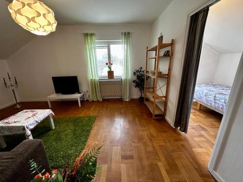 een woonkamer met een bed en een televisie bij Ljungaverk Atelje Takvåning med Takfönster Ekgolv Charmigt in Ljungaverk