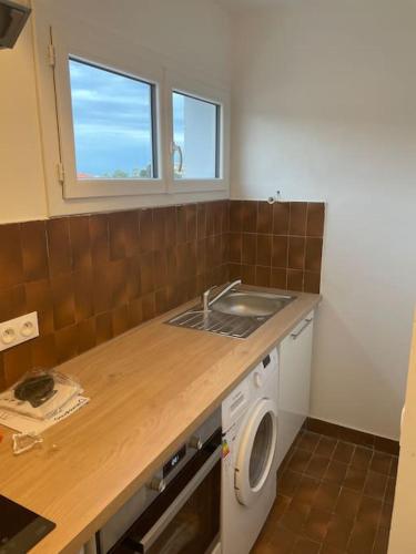 une cuisine avec un évier et une machine à laver dans l'établissement Magnifique appartement, à Cannes