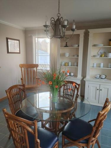 een eetkamer met een glazen tafel en stoelen bij Vinegar Hill Airbnb in Bridgetown