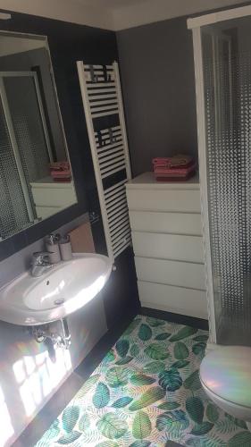 ein Badezimmer mit einem Waschbecken, einem Spiegel und einem WC in der Unterkunft Il Giardino Home in Lippo di Calderara di Reno