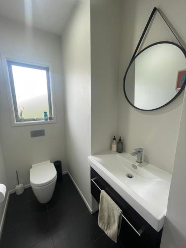 a bathroom with a sink and a toilet and a mirror at Titoki Grove in Cambridge