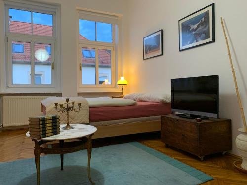 1 dormitorio con 1 cama y TV de pantalla plana en The Marchburg Apartment, en Maribor