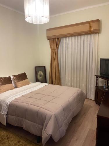 a bedroom with a large bed and a television at Guest House “Casa da avó Tina” in Barreiro