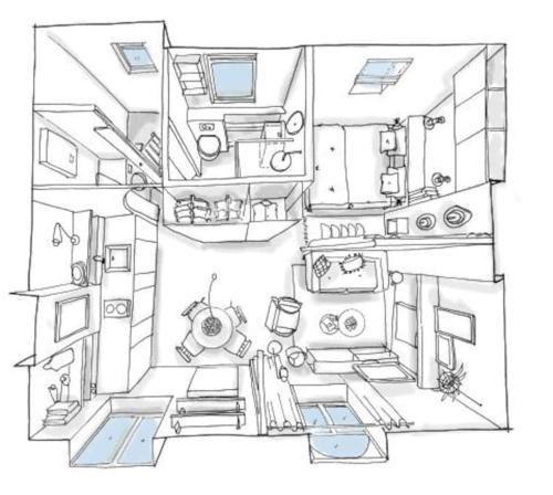 a drawing of a kitchen with at Le Beffroi : appartement cosy en cœur de ville in Armentières