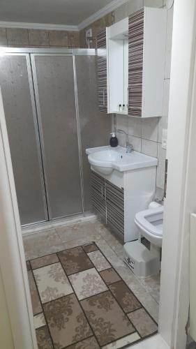 a bathroom with a shower and a sink and a toilet at grand1 guests house in Trabzon