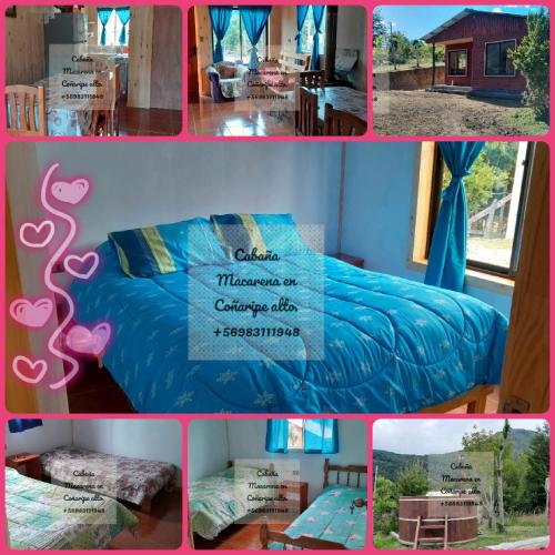 a collage of pictures of a bedroom and a bed at Cabañas,Buena vista. in Coñaripe