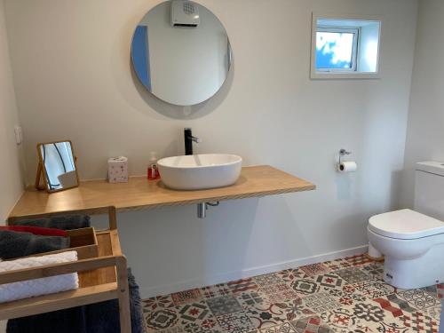 a bathroom with a sink and a mirror and a toilet at Brighton Beach in Dunedin