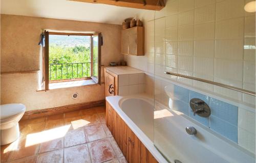 łazienka z wanną, toaletą i oknem w obiekcie Beautiful Home In St Maurice Navacelles With Private Swimming Pool, Can Be Inside Or Outside w mieście La Vacquerie-et-Saint-Martin-de-Castries