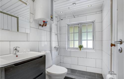 a white bathroom with a toilet and a sink at Stunning Home In Blvand With 3 Bedrooms, Sauna And Wifi in Blåvand