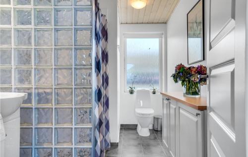 a bathroom with a toilet and a glass wall at Three-Bedroom Holiday Home In Ronde in Rønde