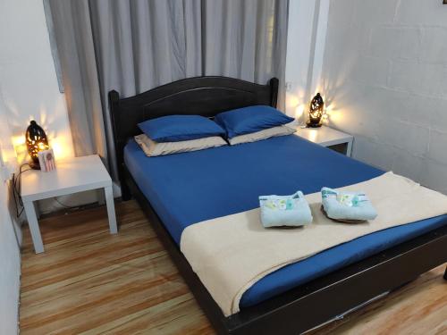una camera da letto con letto con lenzuola blu e cuscini blu di RAHIM HOMESTAY KUALA KANGSAR a Kuala Kangsar
