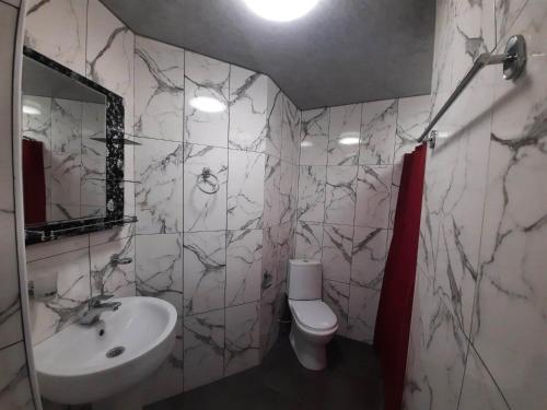 La salle de bains est pourvue d'un lavabo et de toilettes. dans l'établissement Dali Guest House, à Oni