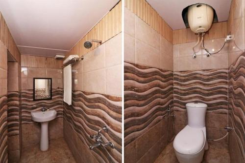 two pictures of a bathroom with a toilet and a sink at Goroomgo Luxury Star Inn Near Sum Hospital in Bhubaneshwar
