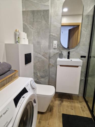 a bathroom with a washing machine and a mirror at Apartament 6 in Gołdap