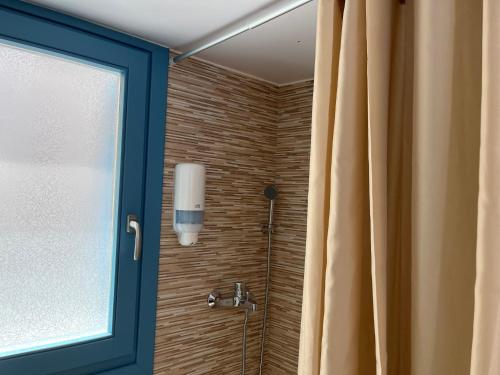 a bathroom with a shower with a blue door at Aleminas Rooms in Symi