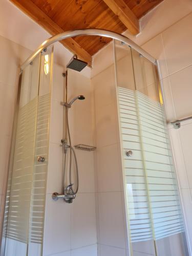 a shower with a glass door in a bathroom at Kouros apartment, Agios Nikolaos, Petriti in Ágios Nikólaos