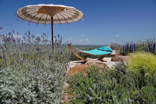 a chair sitting on a rock under an umbrella at THE ALTA GALILEA - 3BRM WITH POOl in Mishmār Hāyardin