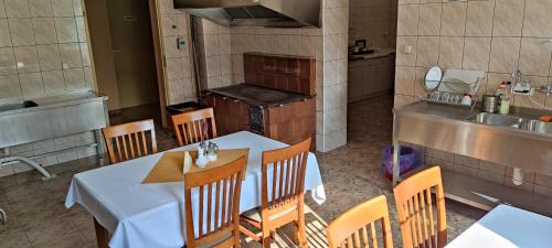 Il comprend une cuisine équipée d'une table, de chaises et d'une cuisinière. dans l'établissement Wpadnij do Zosi - ex Pensjonat Emilia, à Stronie Śląskie
