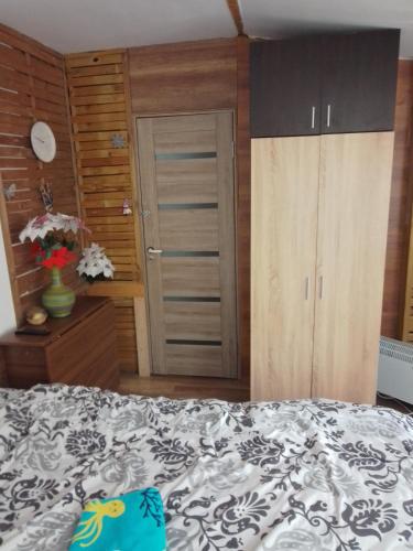 a bedroom with a bed and a closet and a door at Casa Mocanu in Giurgiu