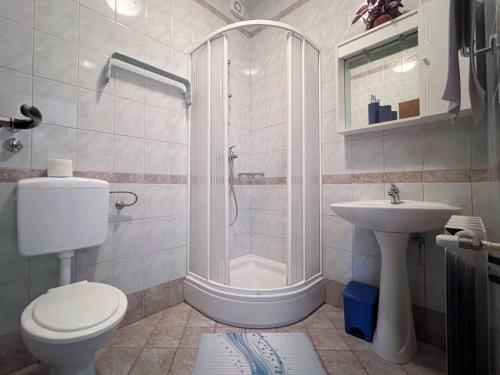 ein Bad mit einer Dusche, einem WC und einem Waschbecken in der Unterkunft Villa Chiara in Krnica