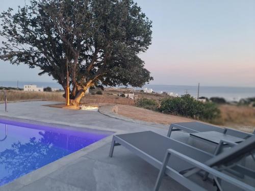 a pool with a table and a tree and the ocean at Santa Marina Syros in Liaropá