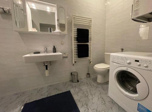 ein Badezimmer mit einer Waschmaschine und einem Waschbecken in der Unterkunft Cozy 8-Person Home in Vienna Located at Haberlgasse 82 N1 in Wien