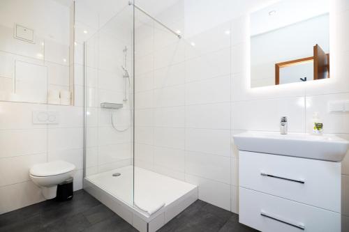 ein weißes Bad mit einem WC und einer Dusche in der Unterkunft Modernes Apartment in der Innenstadt in Würzburg