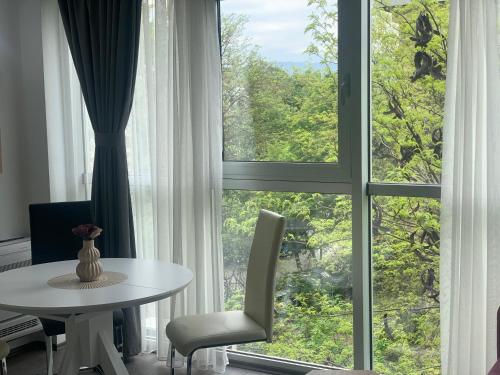 Zimmer mit einem Tisch und einem großen Fenster in der Unterkunft Cozy apartment in Skopje at perfect location in Skopje