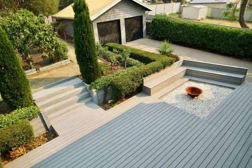 an overhead view of a garden with a bench at Bellbird House in Cessnock