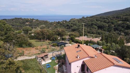 uma vista aérea de uma casa com o oceano ao fundo em Villa Tharros em Capoliveri
