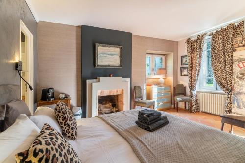 a bedroom with a bed and a fireplace at La Chapelle aux Acacias in Caucalières