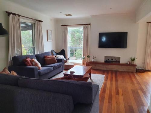 a living room with a couch and a flat screen tv at Set amongst the treetops of Arthurs Seat in Arthurs Seat