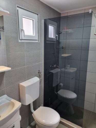 uma casa de banho com um WC e uma cabina de duche em vidro. em Apartman 27 Palic em Palić