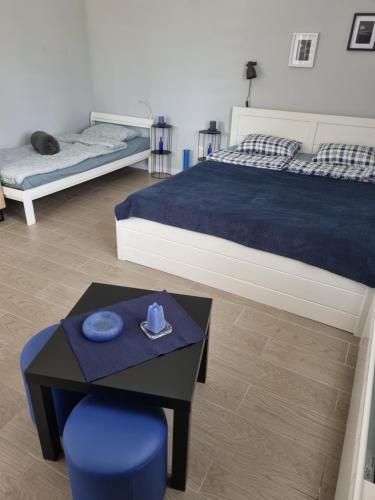 um quarto com uma cama, uma mesa e uma cadeira em Apartman 27 Palic em Palić