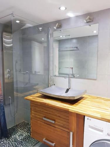 une salle de bain avec un lavabo et une douche dans l'établissement Comme à la maison, meublé de Tourisme 3 étoiles tout confort, au Beausset