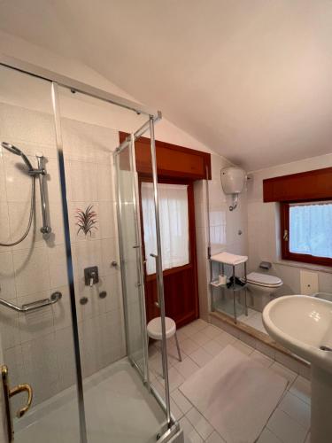 a bathroom with a shower and a toilet and a sink at Hotel La Capannina in Aritzo