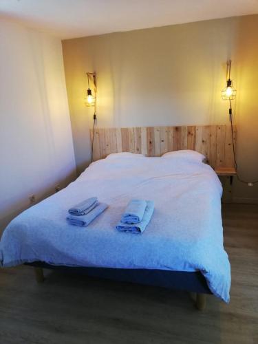 a bedroom with a bed with two towels on it at studio avec jardin à Rodez in Rodez