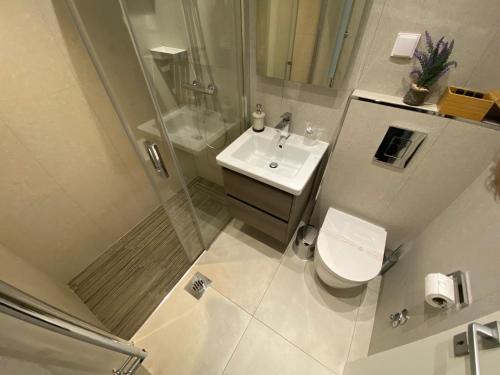 a bathroom with a shower and a toilet and a sink at Dubrovnik Dream Apartments in Dubrovnik
