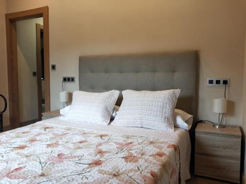 1 dormitorio con 1 cama grande y 2 almohadas en Ribera del Sella II, en Cangas de Onís