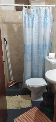 uma casa de banho com um WC e uma cortina de chuveiro em Miguel Departamentos 2 em Puerto Iguazú
