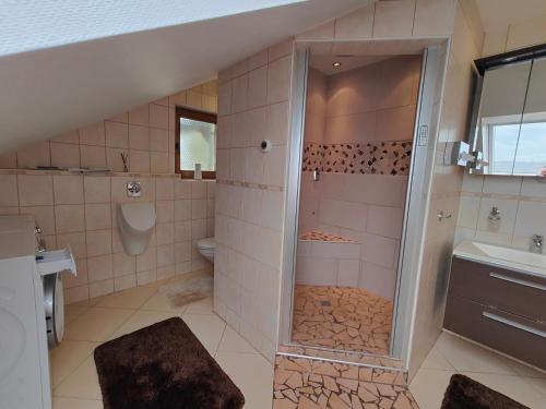 a bathroom with a shower with a sink and a toilet at Ferienwohnung Biene in Saarbrücken