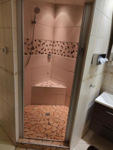a shower in a pink bathroom with a sink at Ferienwohnung Biene in Saarbrücken