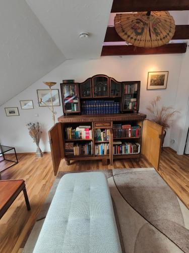 a living room with a book shelf filled with books at Ferienwohnung Biene in Saarbrücken