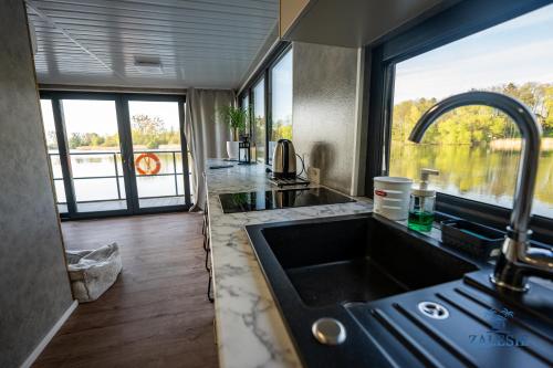 Domki na wodzie - Houseboats Zalesie with sauna : مطبخ مع حوض ونافذة كبيرة