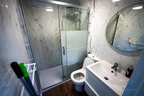 a bathroom with a shower and a toilet and a sink at Domki na wodzie - Houseboats Zalesie with sauna in Zalesie