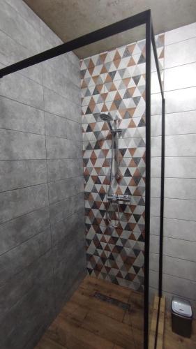 a shower with a glass door in a bathroom at Нові Loft Апартаменти 5 (центр-залізничний вокзал) in Ivano-Frankivsʼk