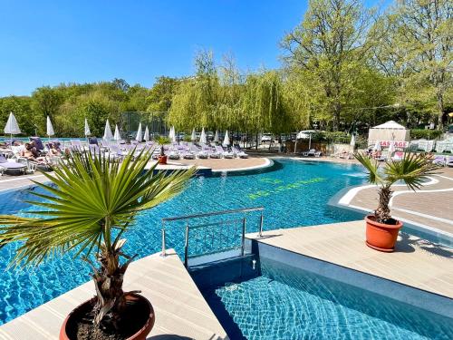 a swimming pool with two palm trees in a resort at BSA Holiday Park Hotel - All Inclusive in Golden Sands