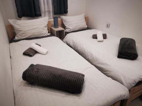 2 aparte bedden in een kamer met handdoeken bij STUDIO APARTMANI RO-MA 