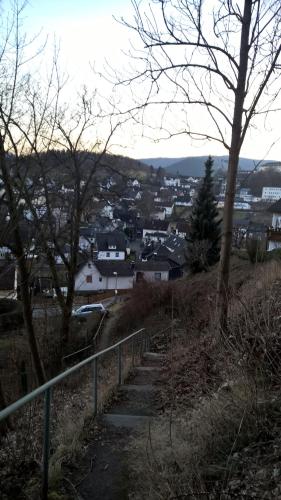 a set of stairs leading up a hill with a town at FeWo Altstadt BL in Bad Laasphe