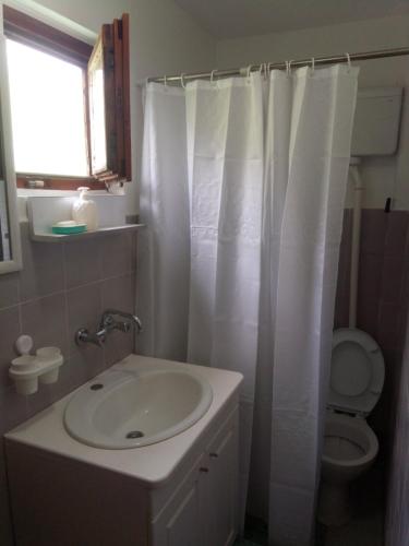 Un baño con lavabo y cortina de ducha blanca. en Kuća Sarić, Gružansko jezero, en Žune